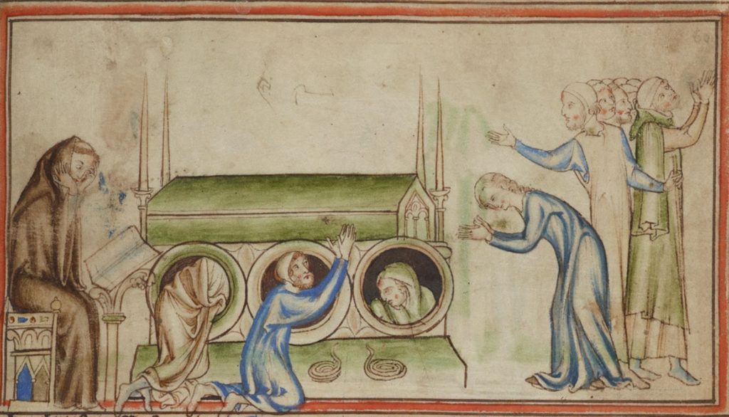 Des pèlerins en prière autour et en-dessous de la châsse du roi Edouard. Miniature d’un manuscrit du XIIIe siècle