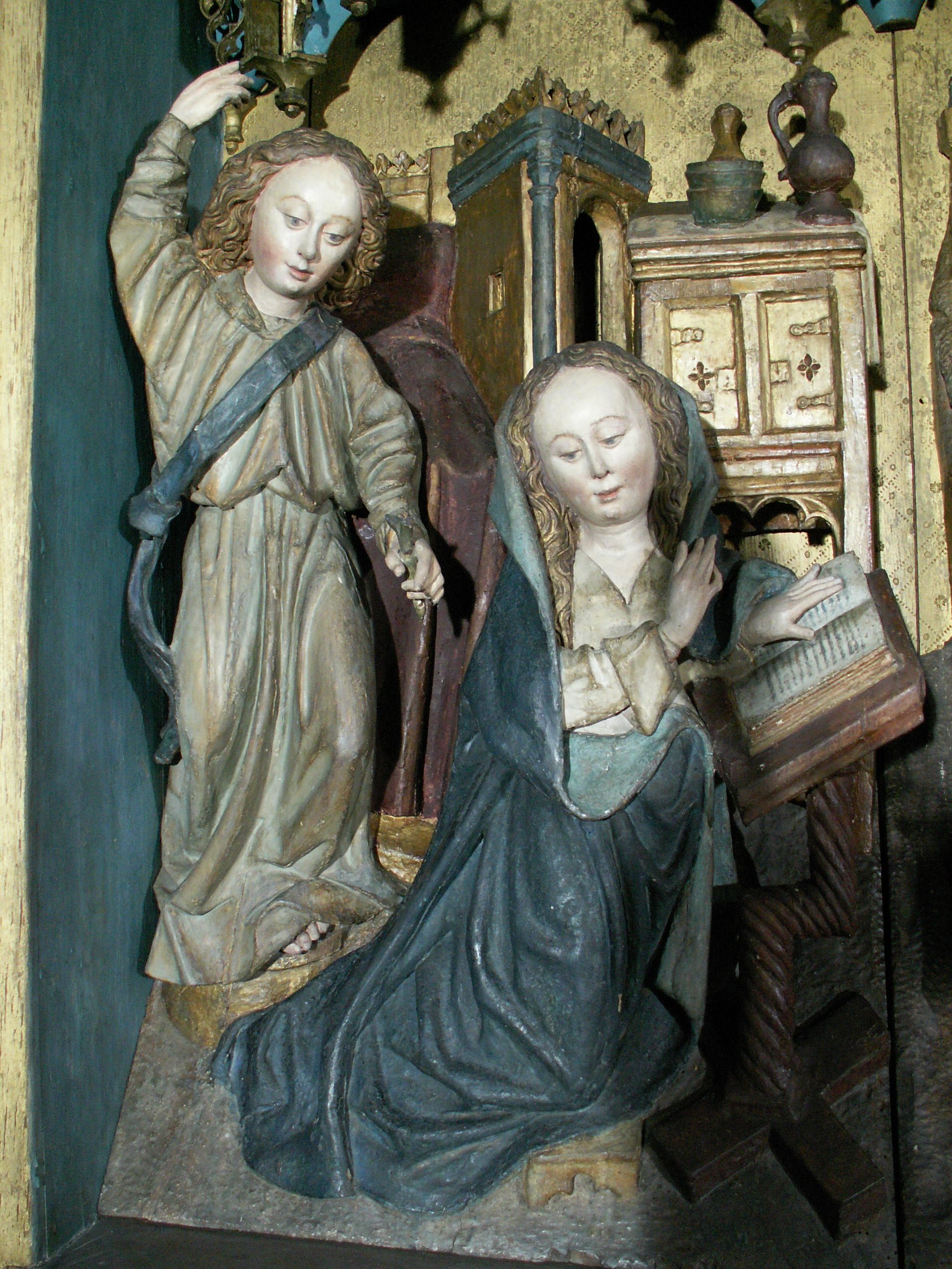 Le Retable de la Vie de la Vierge de l'église d'Ham-sur-Heure. Détail de l'Annonciation