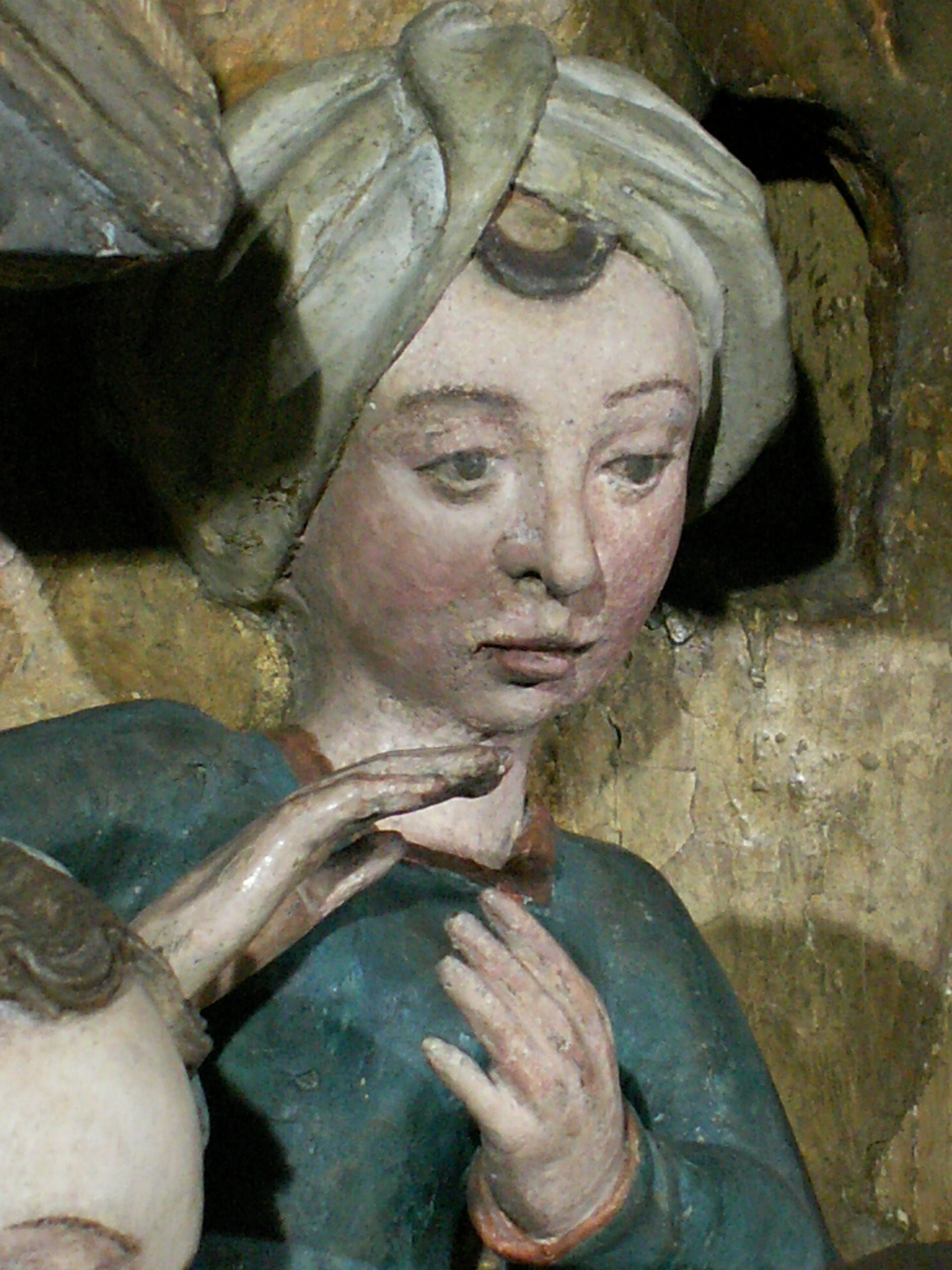 Le Retable de la Vie de la Vierge de l'église d'Ham-sur-Heure. Détail d'un visage. 